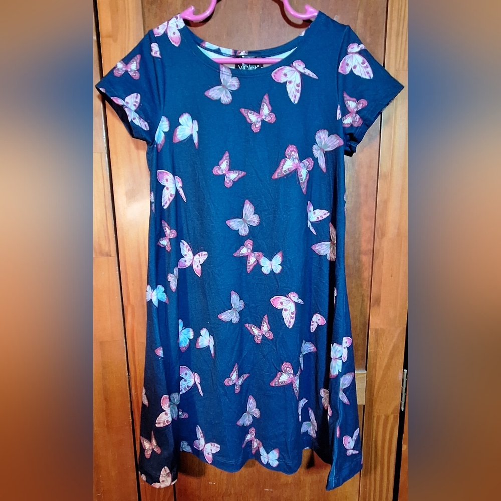 PINK VIOLET A-Line Casual Dress with Short Sleeves and Crew Neck